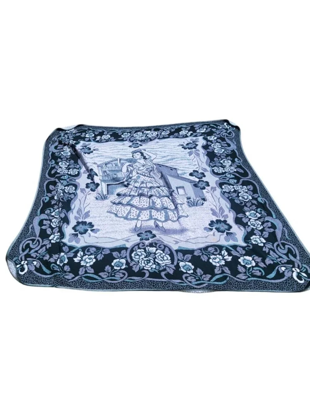 Vintage Spanish Flamenco Dancer Woven Tapestry Throw Blanket With Floral Border